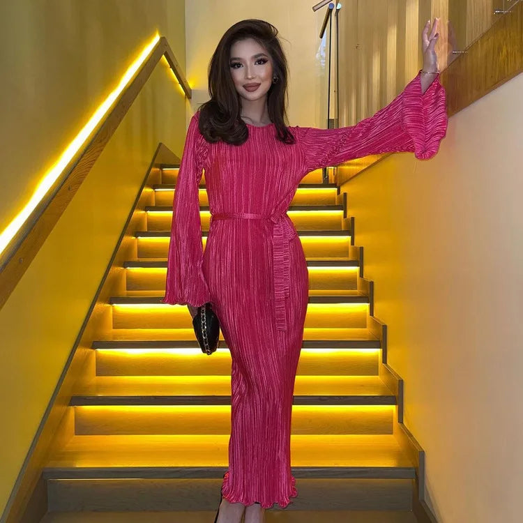 Maxi Autumn New Crew-neck Lace-up Pleated Elegant Midi Dresses Main image