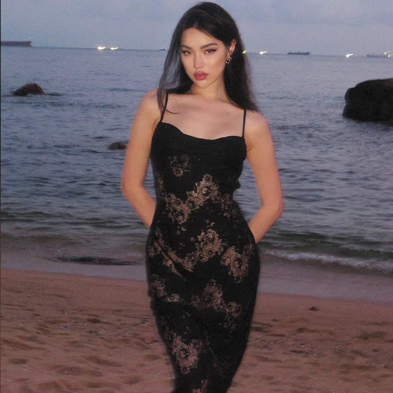 Autumn/Winter Mesh Line Sleeveless Halter Casual Vestido Midi Dresses Main image