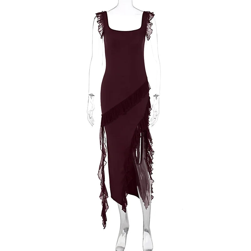 Women's Maxi Summer Autumn Wooden Splicing Temperament Elegant Vestidos Midi Dresses