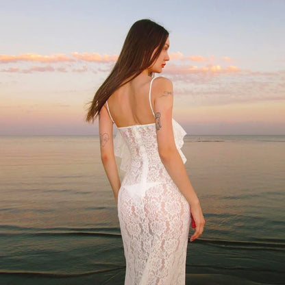 Women's Maxi White Spring Summer Suspenders Low-cut Slim-fit Buttock Elegant Vestidos Midi Dresses
