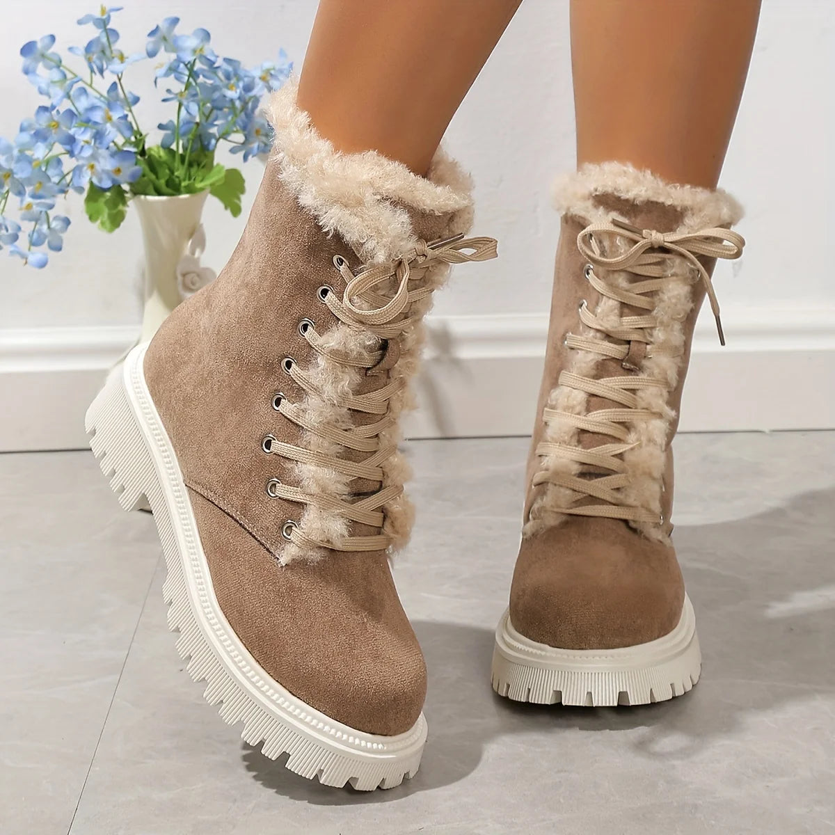 Plush Lined Thermal Lace Up Mid-Calf Chunky Outdoor Snow Boot