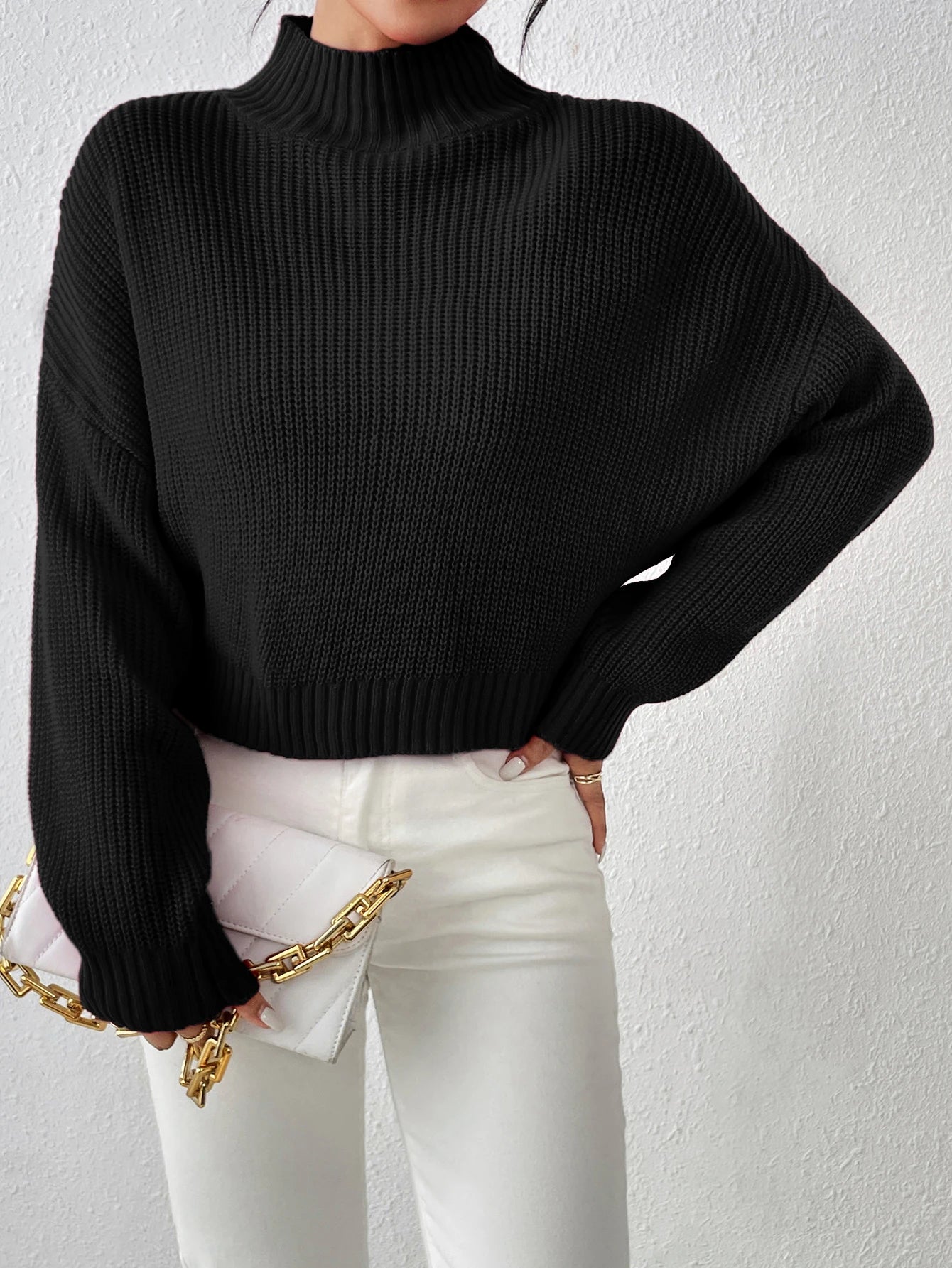 Ribbed Knitted Mock Long Solid High Drop Shoulder Sweater Main image
