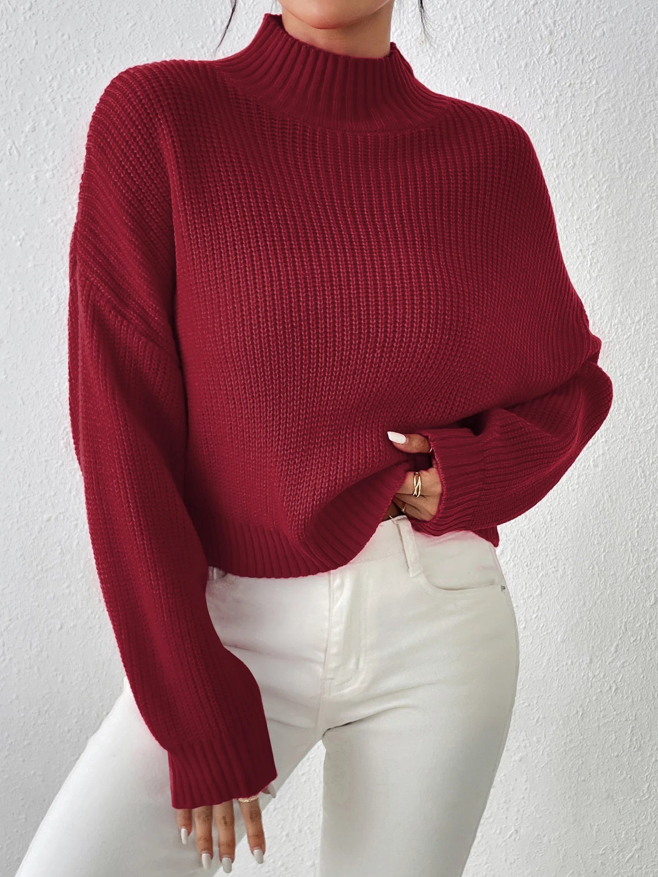 Ribbed Knitted Mock Long Solid High Drop Shoulder Sweater