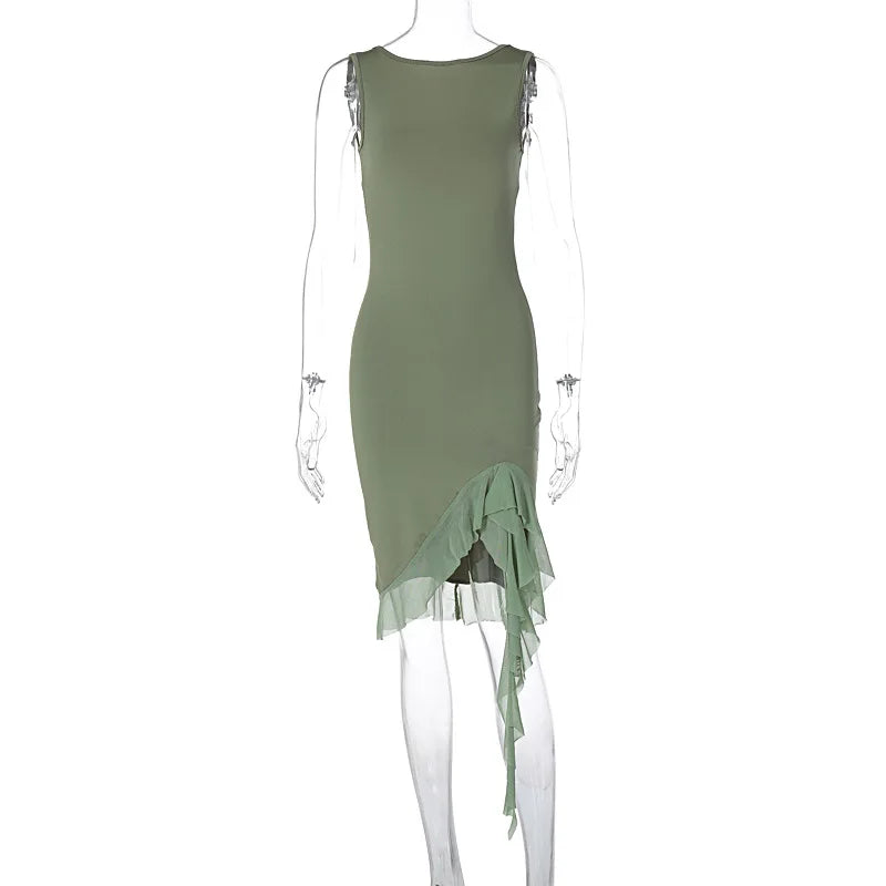 Women's Ruffled Summer Autumn New Pure Sleeveless Waist Backless Trending Midi Dresses