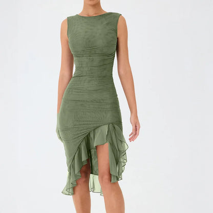 Women's Ruffled Summer Autumn New Pure Sleeveless Waist Backless Trending Midi Dresses