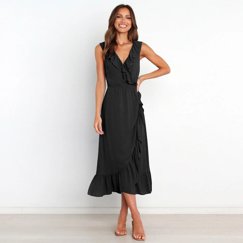 Ruffled Sleeveless V-neck Ruffled High-grade Elegant Traf Midi Dresses Main image