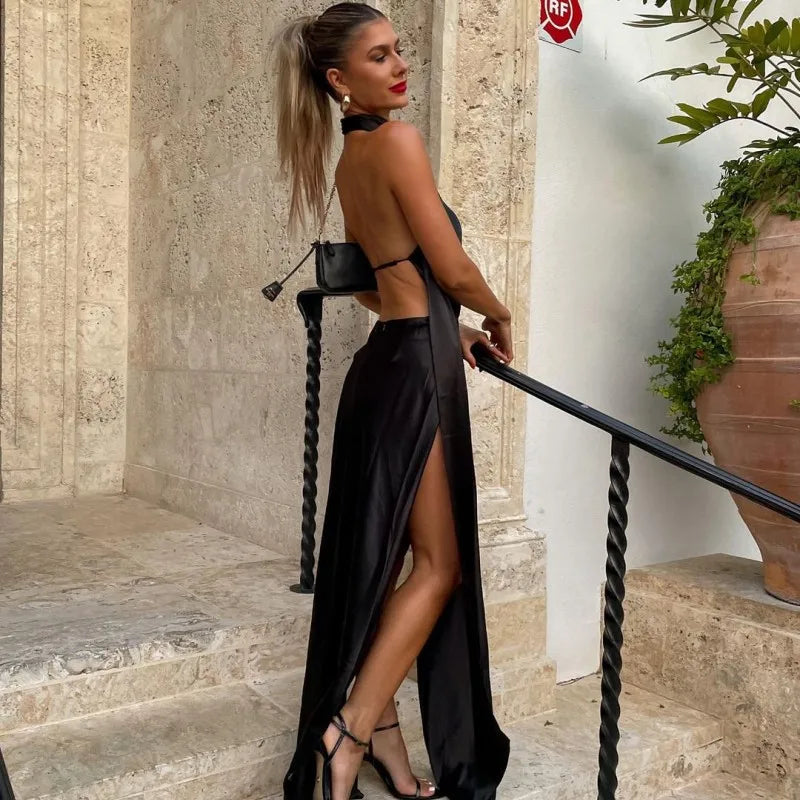 Sexy Backless Temperament Nightclub Black Loose Midi Dresses