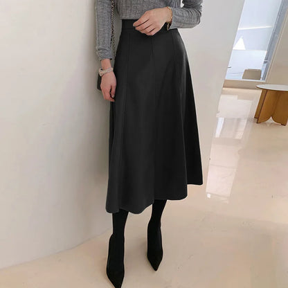 Sheepskin High Waist Big Swing Genuine Leather Temperament Long Skirt