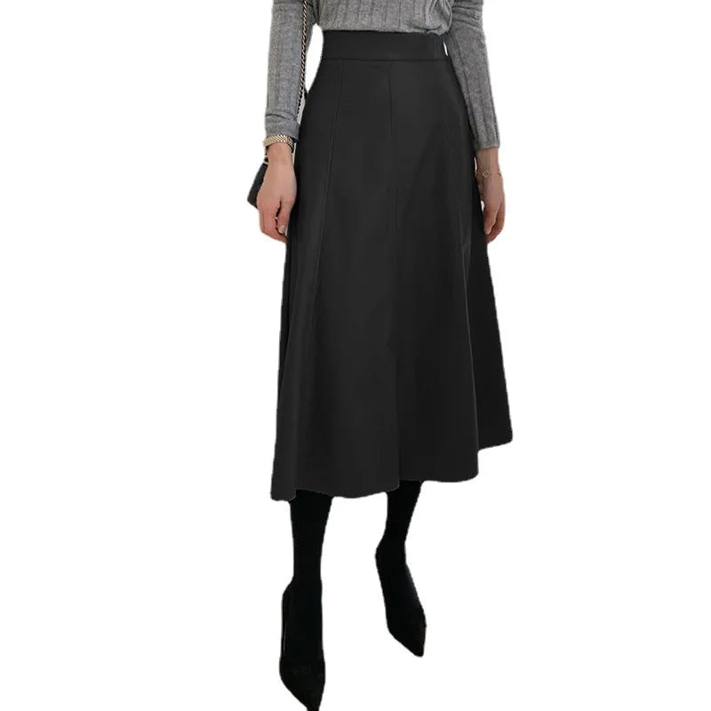 Sheepskin High Waist Big Swing Genuine Leather Temperament Long Skirt