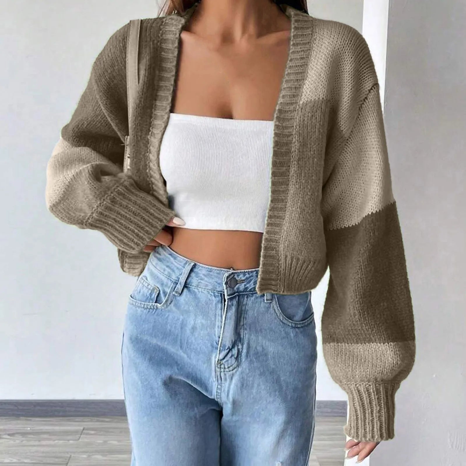Short Open Color Block Checkered Casual Crochet Cardigan Sweater Main image