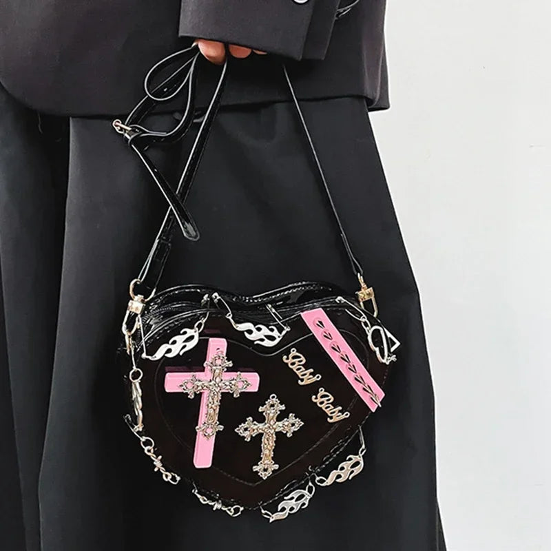 Heart-Shaped Leather Gothic Punk Crossbody Metal Decoration Shoulder Bag Main image
