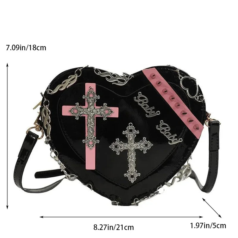 Heart-Shaped Leather Gothic Punk Crossbody Metal Decoration Shoulder Bag