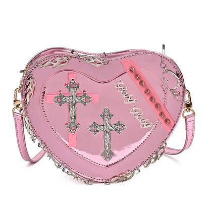 Heart-Shaped Leather Gothic Punk Crossbody Metal Decoration Shoulder Bag