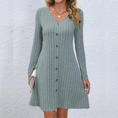 DressBetty - Chic V-Neck Buttoned Waist Long Sleeve Solid Color Midi Dress