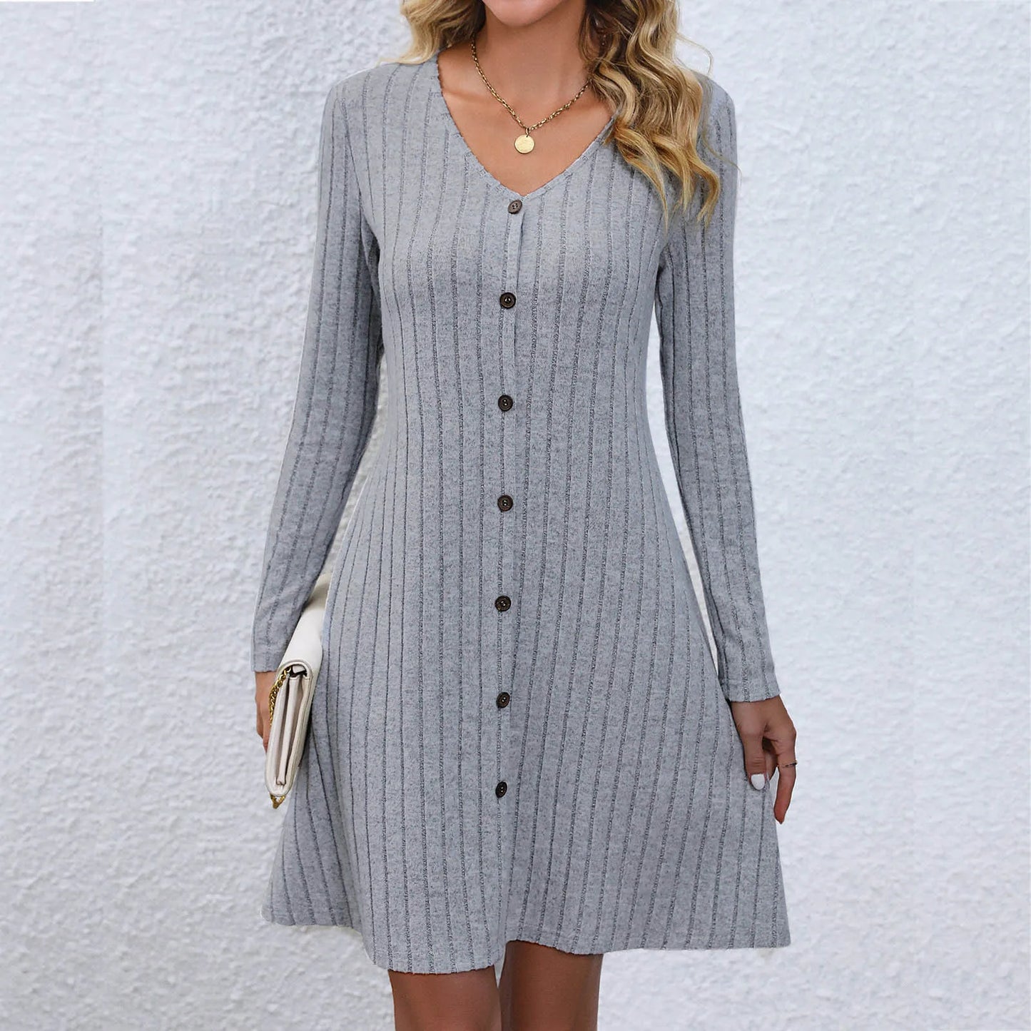 DressBetty - Chic V-Neck Buttoned Waist Long Sleeve Solid Color Midi Dress