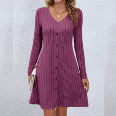 DressBetty - Chic V-Neck Buttoned Waist Long Sleeve Solid Color Midi Dress