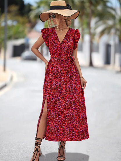 Women's Split Spring Summer V-neck Peplum Waist Resort Korean Reviews Clothes Midi Dresses