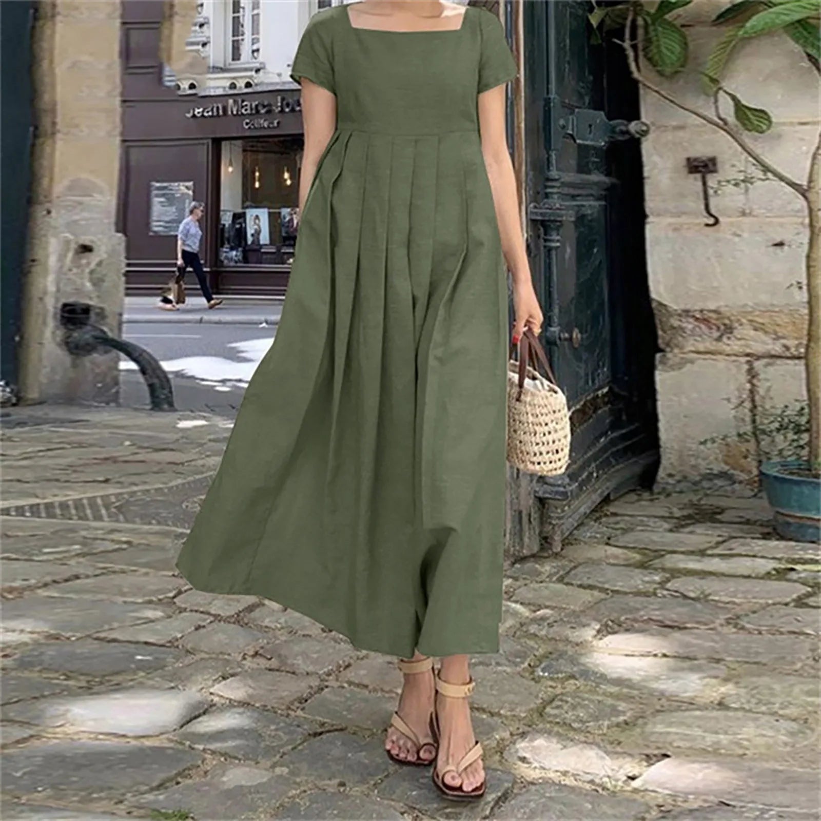 Casual Solid Color Square Collar Cotton Linen Swing Party Midi SunVestidos Dress Main image