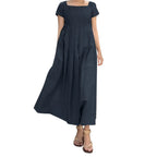 Casual Solid Color Square Collar Cotton Linen Swing Party Midi SunVestidos Dress