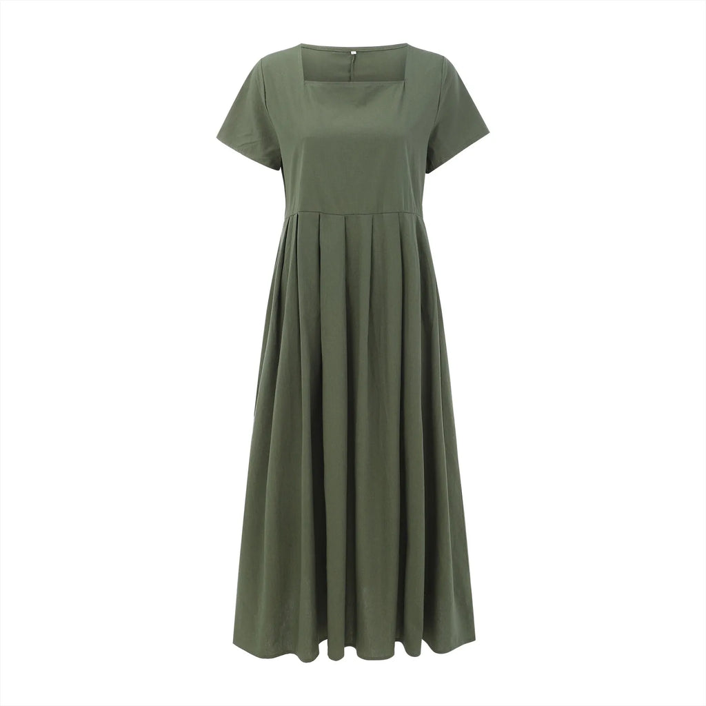 Casual Solid Color Square Collar Cotton Linen Swing Party Midi SunVestidos Dress