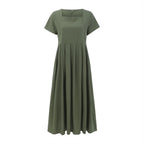 Casual Solid Color Square Collar Cotton Linen Swing Party Midi SunVestidos Dress