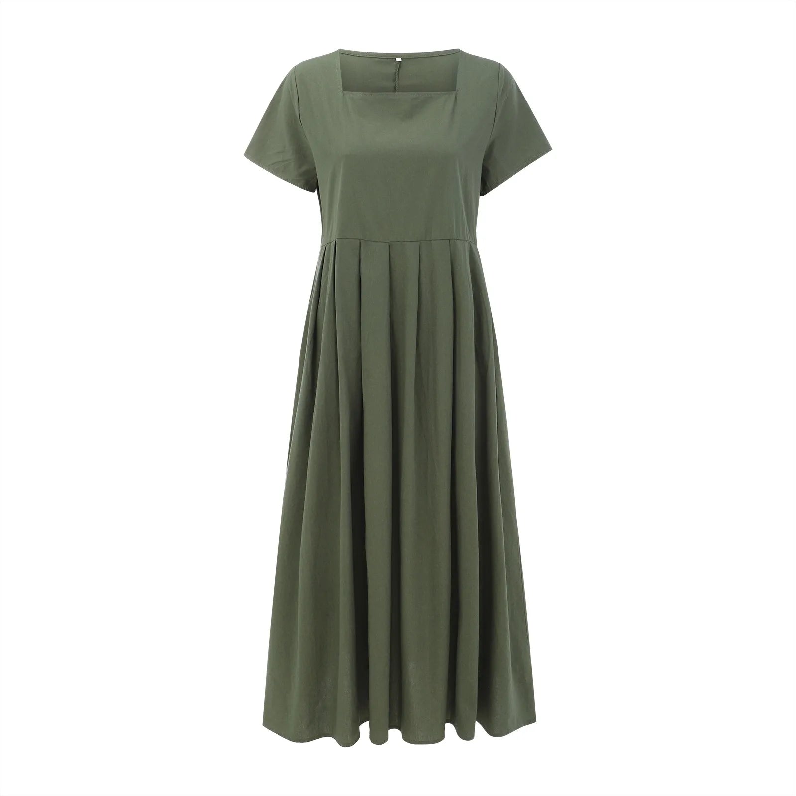 Casual Solid Color Square Collar Cotton Linen Swing Party Midi SunVestidos Dress