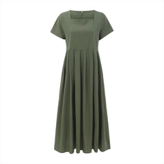 Casual Solid Color Square Collar Cotton Linen Swing Party Midi SunVestidos Dress