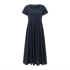 Casual Solid Color Square Collar Cotton Linen Swing Party Midi SunVestidos Dress
