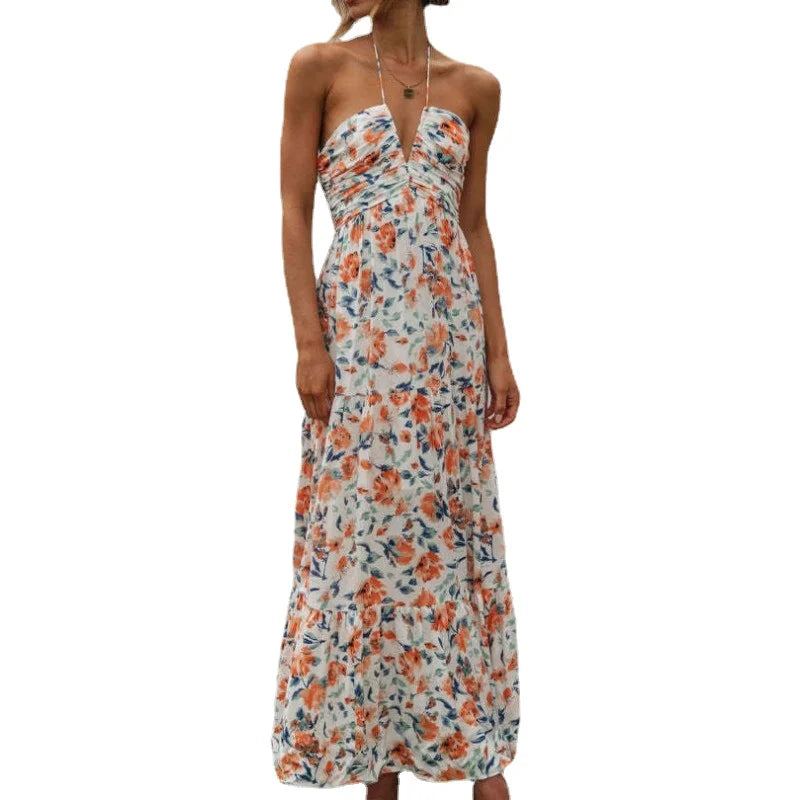 Women's Chiffon Halter V Neck Floral Flowy A Line Boho Backless Tiered Midi Dresses