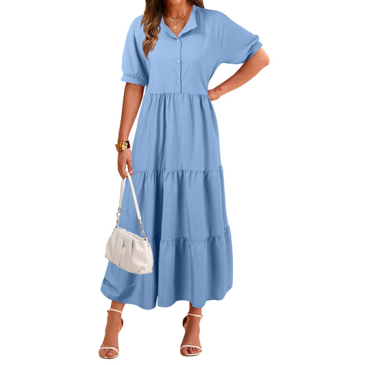 Summer Casual Short Sleeve Button Shirt Collar Ruffled Solid Color Long Robe Femme Party Dress