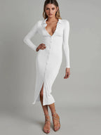 Tight Bag Hip Button-up Ribbed Slim  Midi Dresses
