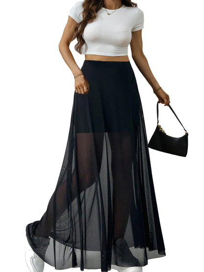 Women's Mesh Patchwork Elastic High-waisted A-line Fashion Long Skirt