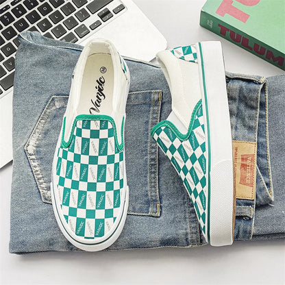 Womens Canvas Shoes Multicolor Checkerboard Design Men Slip-On Footwear Girls Flats Couple Summer Fashion Sneakers Size 35-44