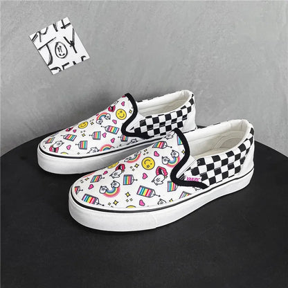 Womens Canvas Multicolor Checkerboard Design Slip-On Flats Summer Fashion Skateboard