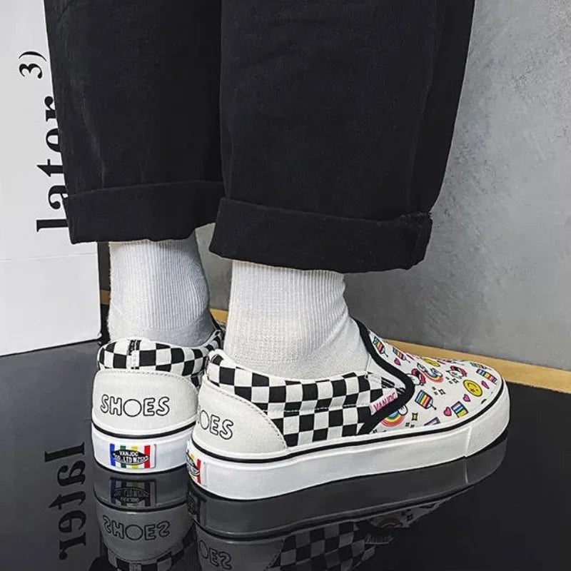 Womens Canvas Multicolor Checkerboard Design Slip-On Flats Summer Fashion Skateboard