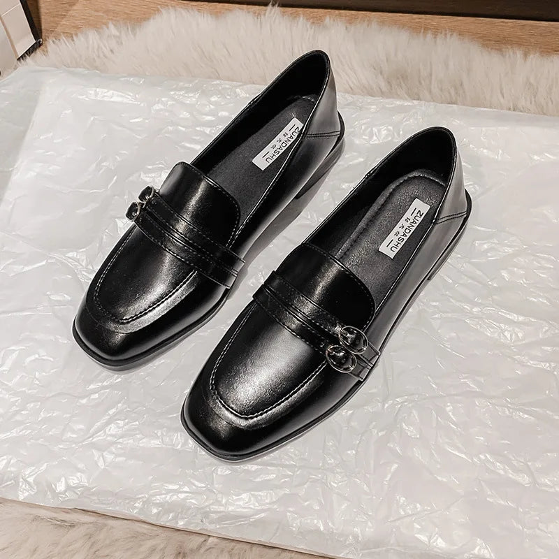 Black Fur Square Toe All-Match Leather Fall Casual Derby Oxfords Loafers Main image