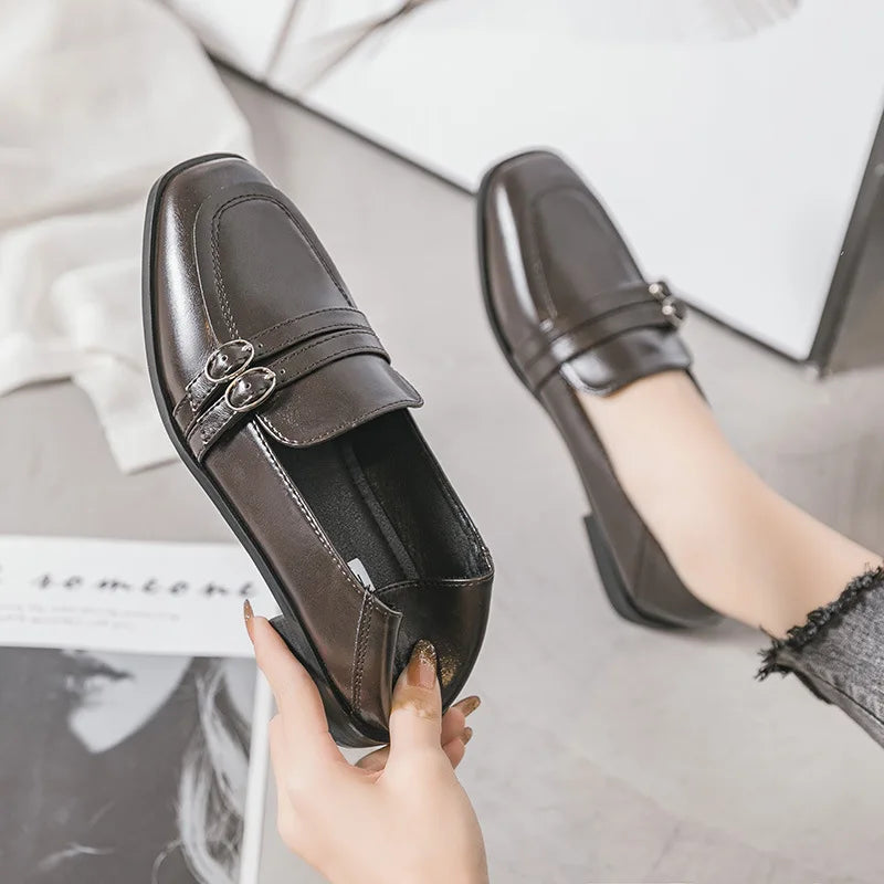 Black Fur Square Toe All-Match Leather Fall Casual Derby Oxfords Loafers Secondary image