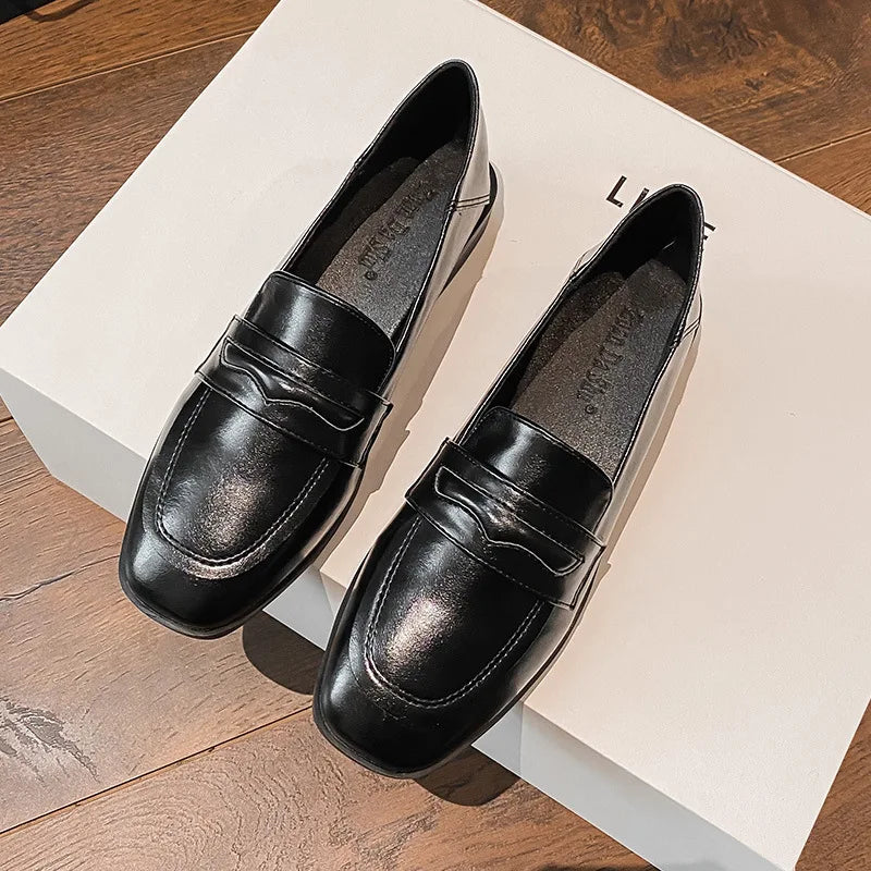 Black Fur Square Toe All-Match Leather Fall Casual Derby Oxfords Loafers