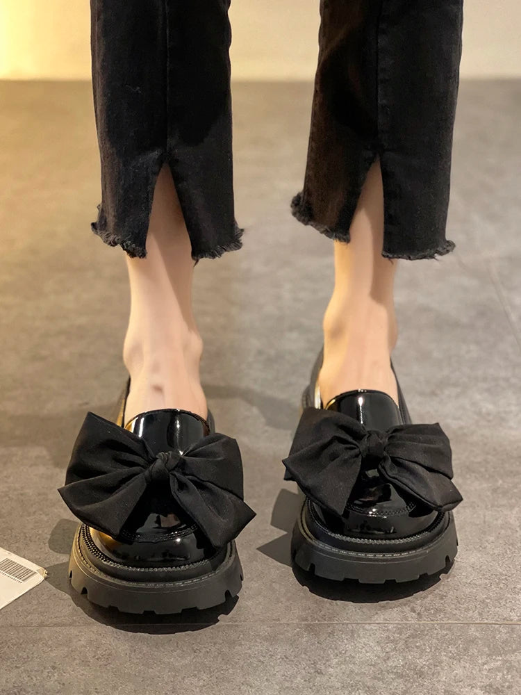 Fur Round Toe Platform Retro Leather Casual Bow-Knot All-Match Derby Loafers Main image