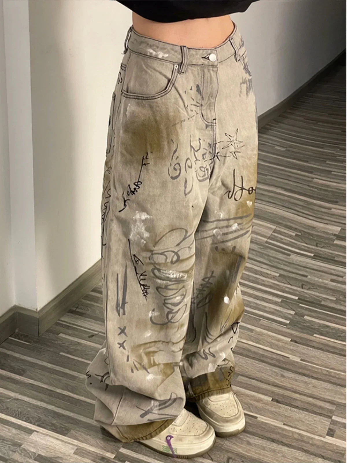 High Waist Vintage Straight Denim Streetwear Hand Drawn Wide Leg Jeans Main image