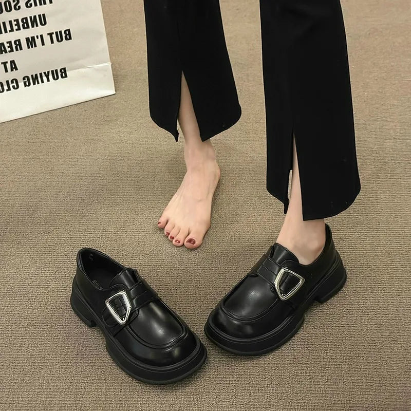 Fur Platform Preppy Dress Autumn Black Leather Creepers British Style Loafers Secondary image