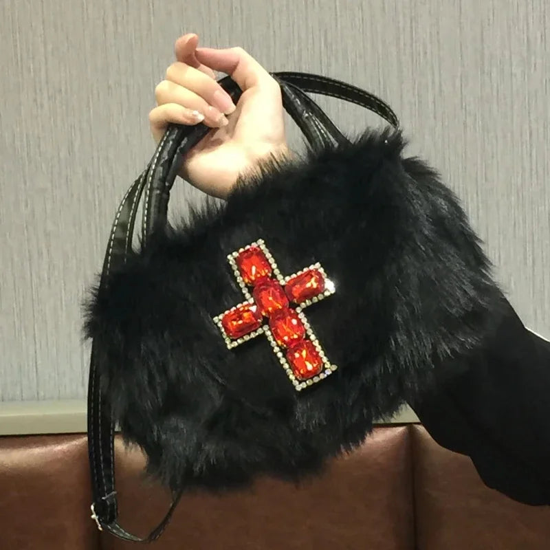Y2K Gothic Soft Plush Black Cross Applique Harajuku Punk Hip Hop Shoulder Bag Main image