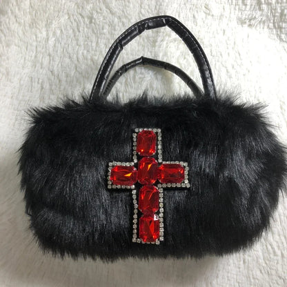 Y2K Gothic Soft Plush Black Cross Applique Harajuku Punk Hip Hop Shoulder Bag