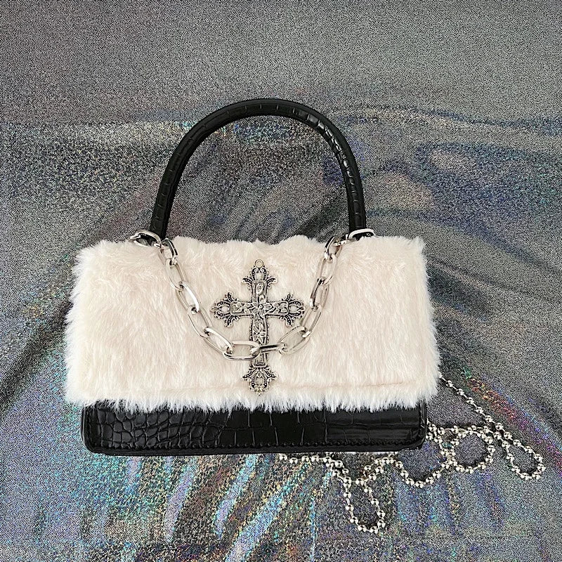 Y2K Gothic Soft Plush Cross Applique Chain Hot Girls Hip Hop Crossbody Bag Main image