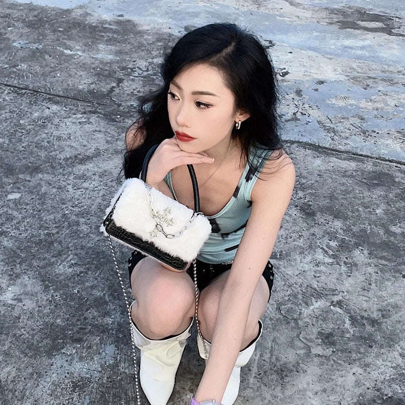 Y2K Gothic Soft Plush Cross Applique Chain Hot Girls Hip Hop Crossbody Bag Secondary image