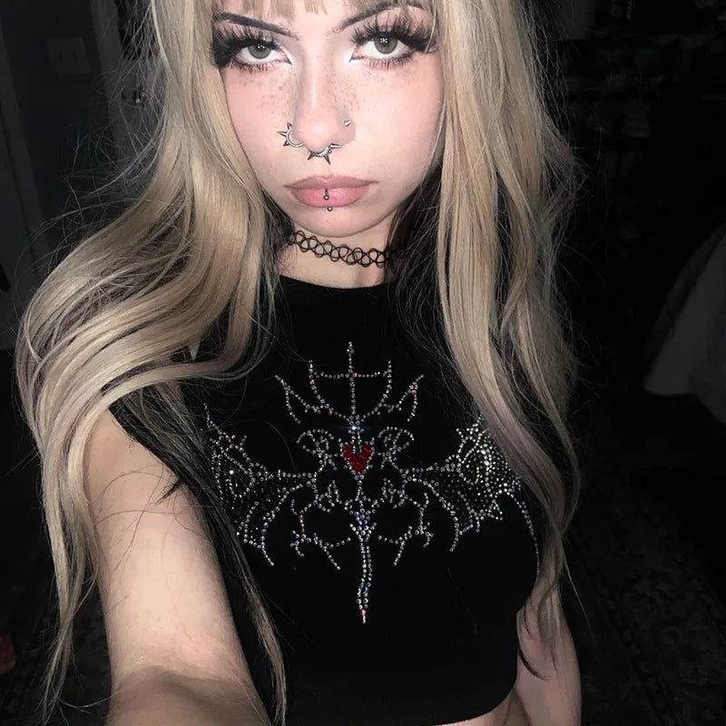 Y2K Vintage Fairy Grunge Rhinestone Graphic Crop Top Main image