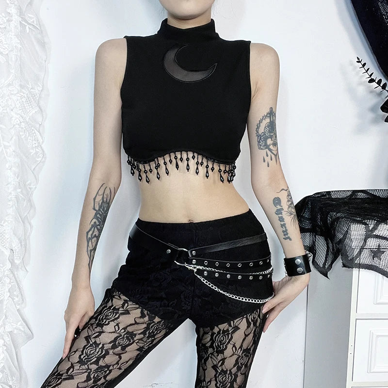 Vintage  Goth Moon Lace See Through Sleeveless Crop Top