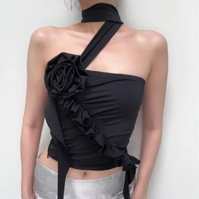 Gothic Backless Aesthetic Flower Ruffles  Off Shoulder Crop Top Secondary image