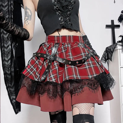 Y2k Lolita Cake Mini Gothic Harajuku Girls Plaid Pleated Sweet Lace Kawaii Skirt