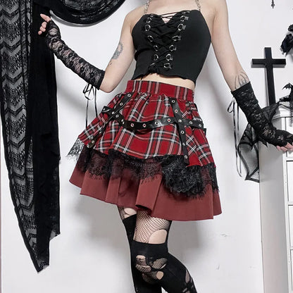 Y2k Lolita Cake Mini Gothic Harajuku Girls Plaid Pleated Sweet Lace Kawaii Skirt